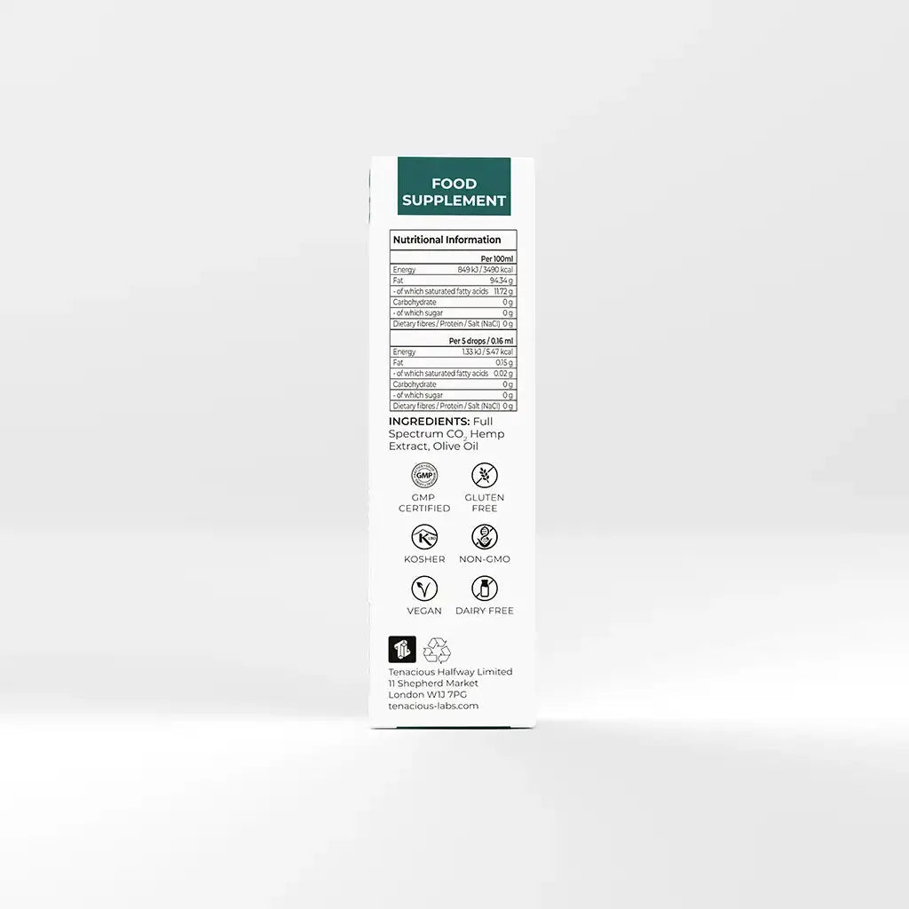 Back of Bottle of Provacan Complete 6% CBD Oil box with nutritional information, ingredients and certifications. 
Ingredients: Full Spectrum CO2 Hemp Extract, Olive Oil
Certifications:
GMP Certified
Gluten Free
Kosher
Non-GMO
Vegan
Dairy-Free